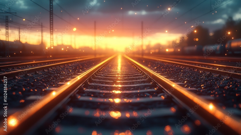 A perspective view of railroad tracks leading into a sunset with blurred cityscape in the background. A perspective view of railroad tracks leading into a sunset with blurred cityscape in the background.