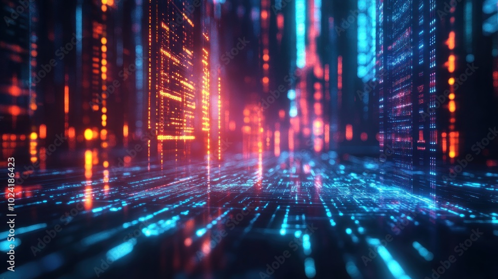 Obraz premium A futuristic digital landscape with glowing lines and nodes, representing data flow and technology.