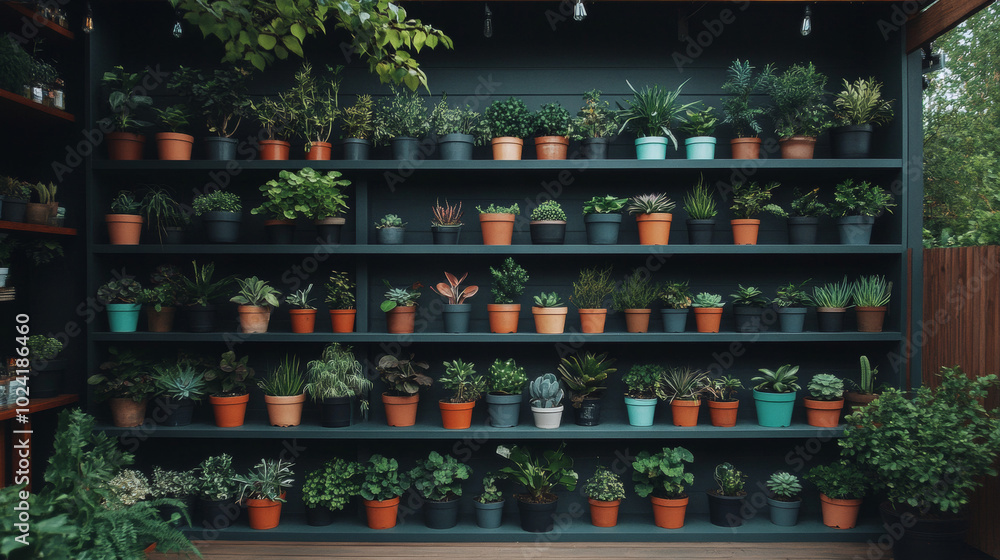 A wall of potted plants on a dark wooden shelf with a natural green backdrop. A wall of potted plants on a dark wooden shelf with a natural green backdrop.