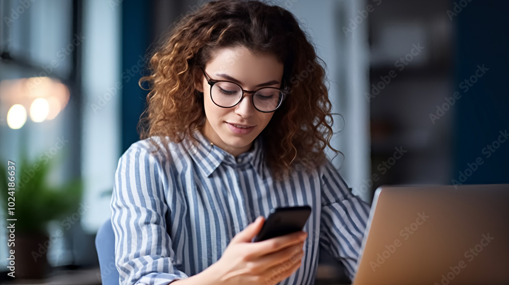A businesswoman is sitting at her desk, looking down on the phone. A businesswoman is sitting at her desk, looking down on the phone.