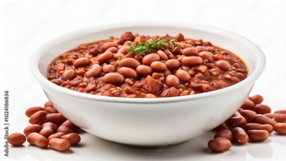 A comforting bowl of Boston baked beans with a thick, tomato-based sauce and pieces of savory pork, isolated on white A comforting bowl of Boston baked beans with a thick, tomato-based sauce and pieces of savory pork, isolated on white