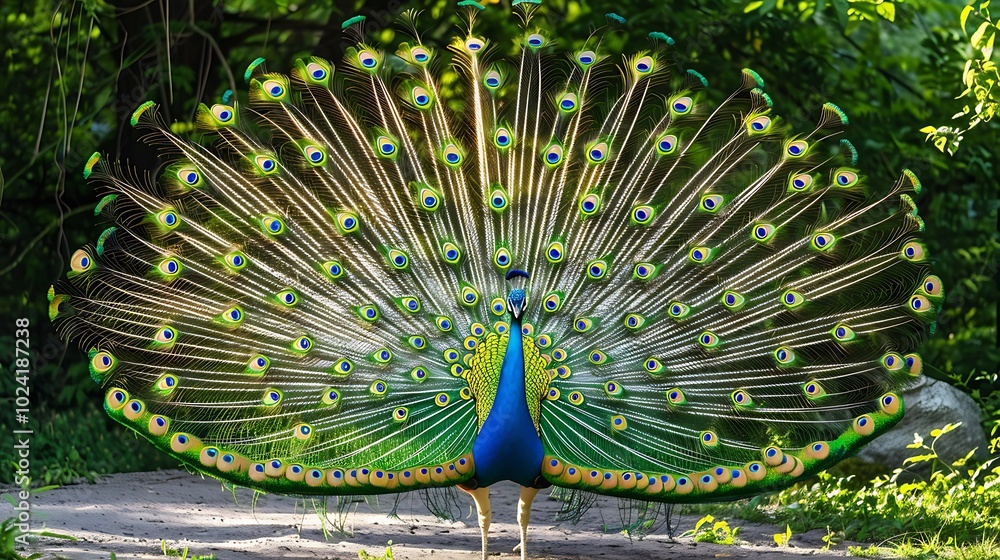 Obraz premium A peacock displaying its vibrant tail feathers