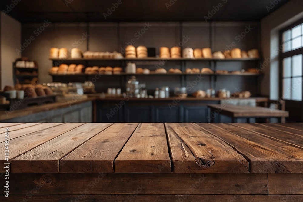 Wooden top with blurred empty bakery shop background can be used for mocking up or display product to make advertising Wooden top with blurred empty bakery shop background can be used for mocking up or display product to make advertising