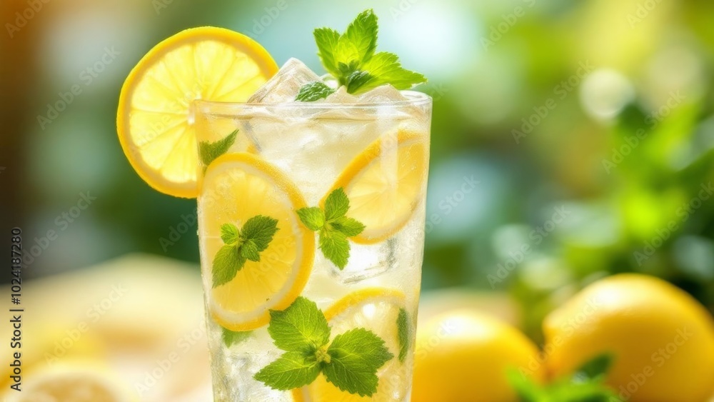 Refreshing lemonade with mint and ice cubes
Refreshing lemonade with mint and ice cubes
