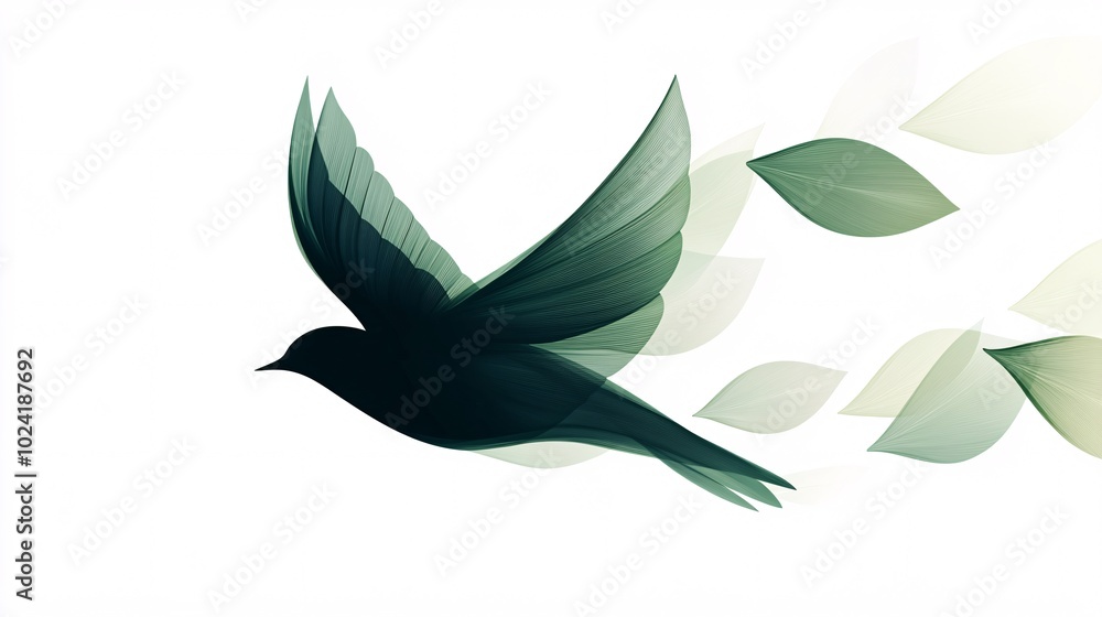 2410_081.minimalist bird silhouette formed by curved leaves, dark forest green and light sage gradient, clean lines, elegant flowing shape, abstract nature symbol, white background, professional 2410_081.minimalist bird silhouette formed by curved leaves, dark forest green and light sage gradient, clean lines, elegant flowing shape, abstract nature symbol, white background, professional