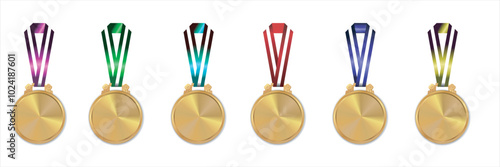 Collection of real gold medals isolated on free png background with a lot of text area - winner copy space concept six color set and gold mix , Vector illustration of gold medal