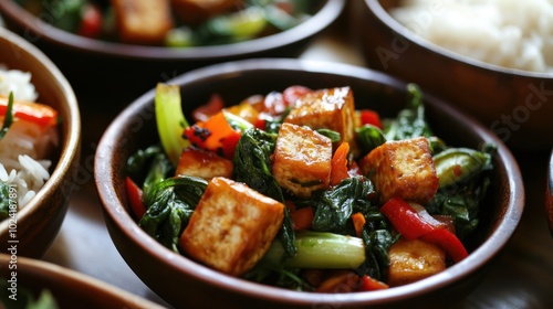 A vibrant display of Asian dishes made with organic ingredients, including a stir-fry with organic tofu, bok choy, and bell peppers, served with a side of jasmine rice