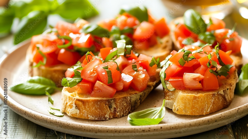 A plate of fresh bruschetta with tomatoes and basil A plate of fresh bruschetta with tomatoes and basil