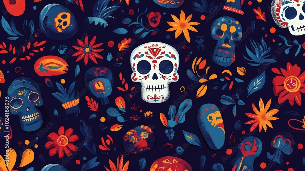 Abstract color background with Day of the Dead icons. Abstract color background with Day of the Dead icons.