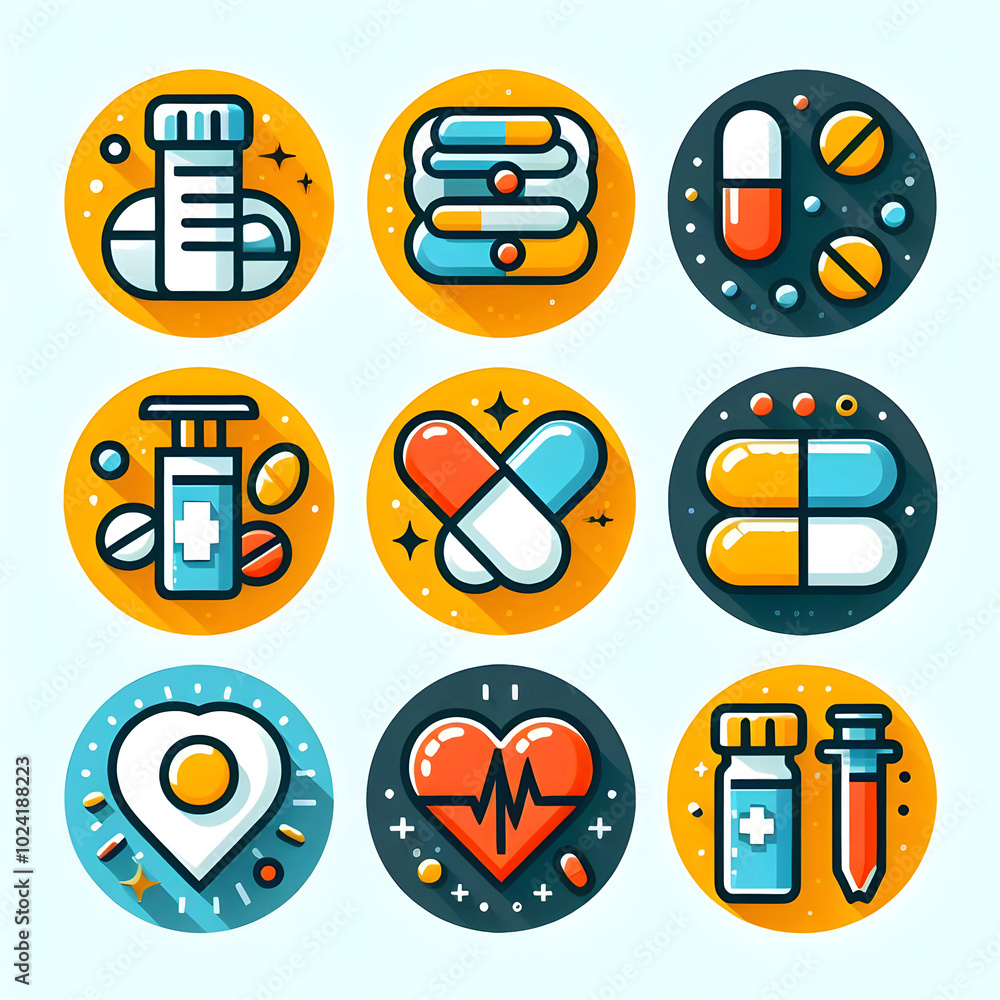The vector set includes medical, antibiotic, prescription, tablet, pharmacy, and drug signs for web and app use. The vector set includes medical, antibiotic, prescription, tablet, pharmacy, and drug signs for web and app use.