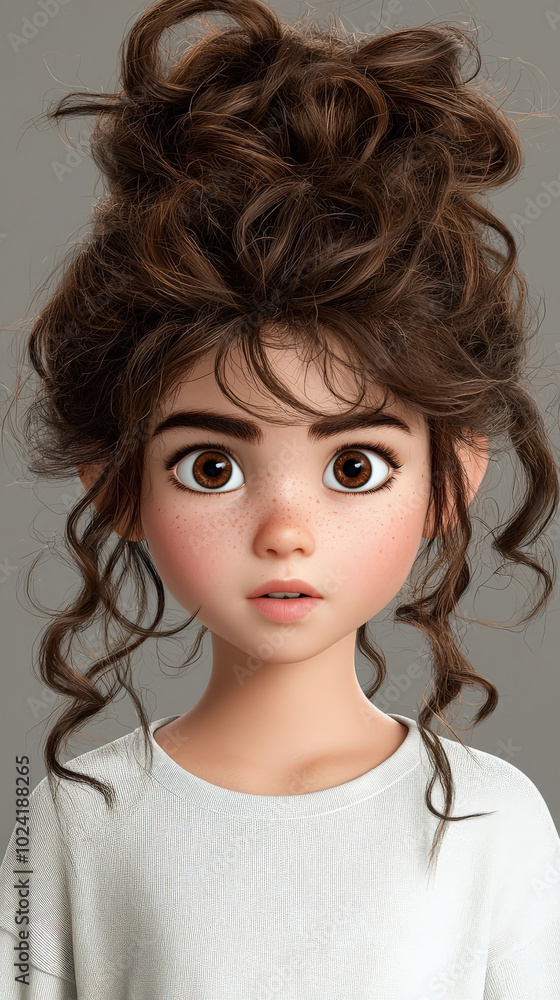 young girl with curly brown hair and freckles, looking surprised and curious. Her expressive eyes and playful hairstyle add to her charm young girl with curly brown hair and freckles, looking surprised and curious. Her expressive eyes and playful hairstyle add to her charm