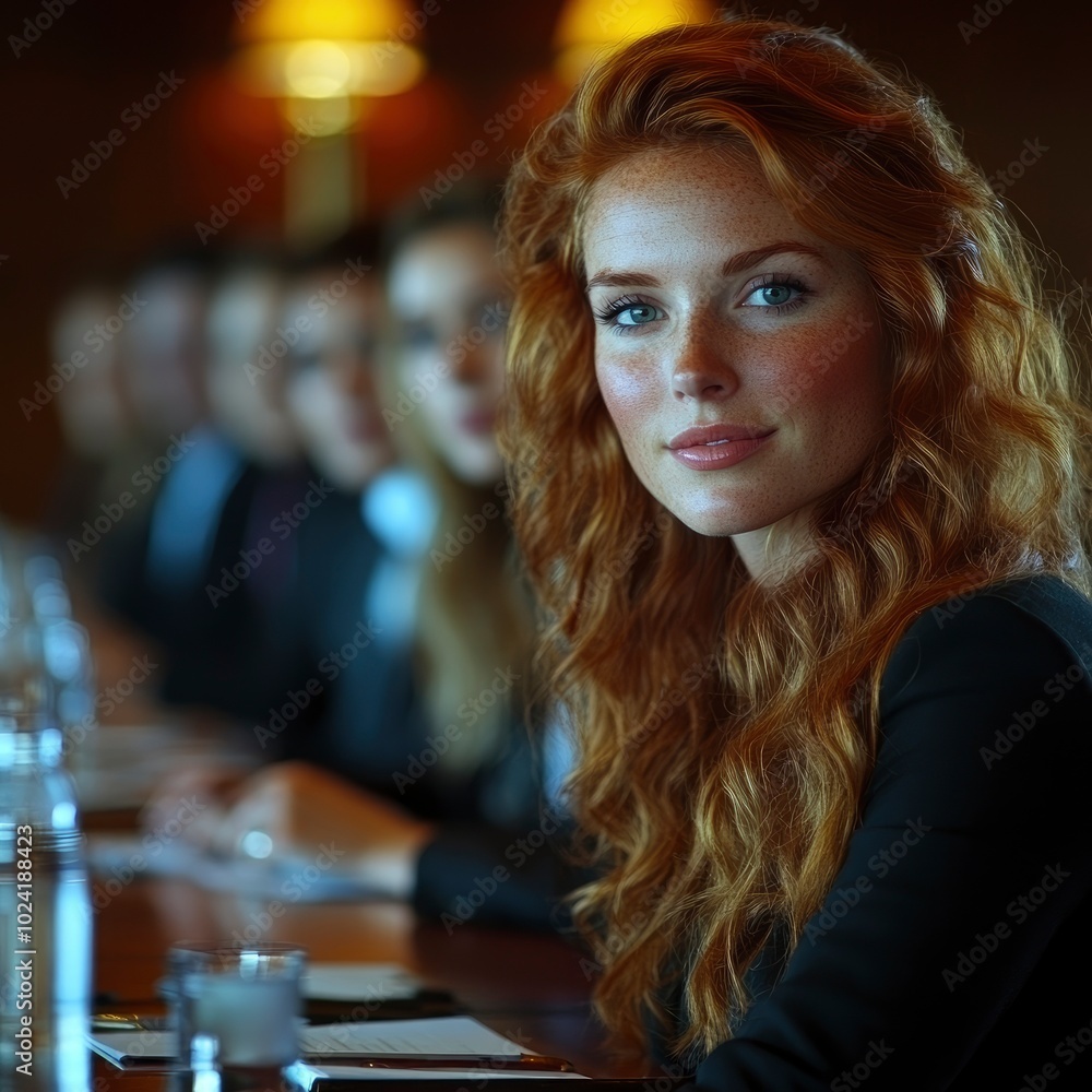 Beautiful Redhead Woman with Long Wavy Hair Looking at Camera Beautiful Redhead Woman with Long Wavy Hair Looking at Camera