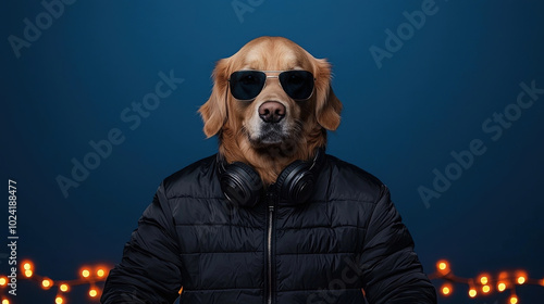 stylish golden retriever wearing sunglasses and headphones, exuding cool vibe against blue background. This captures fun and playful moment