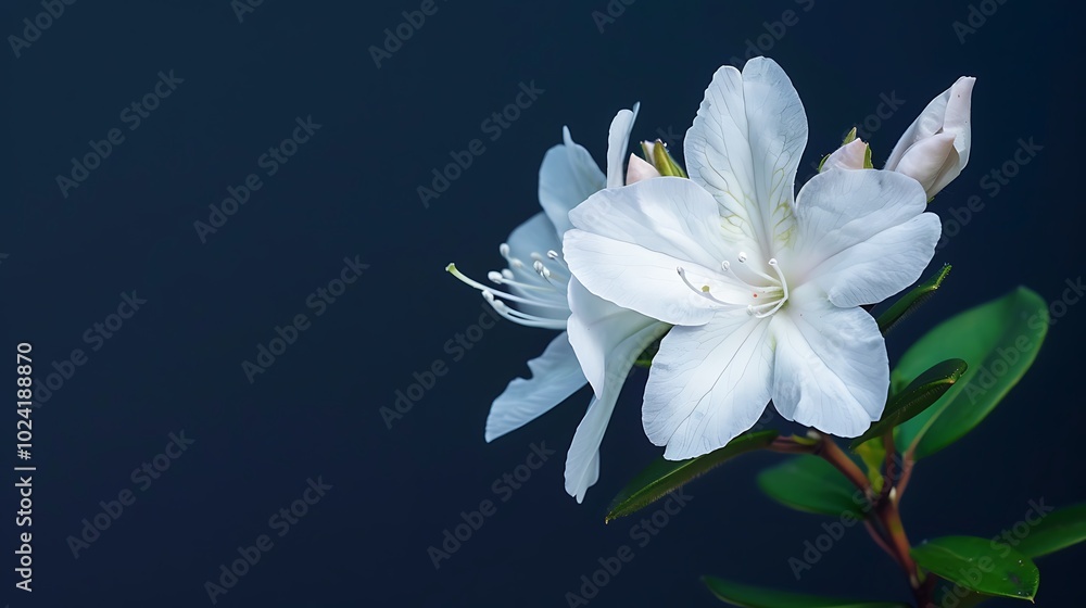 Fototapeta premium A delicate white azalea flower isolated on a navy blue background.