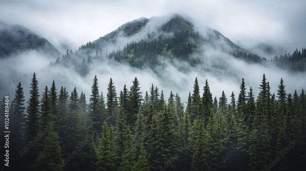 Obraz premium hazy mountain treeline, low-lying clouds enveloping evergreens, mysterious forest ambiance, atmospheric weather conditions, moody nature photography, tranquil woodland scenery, muted tones