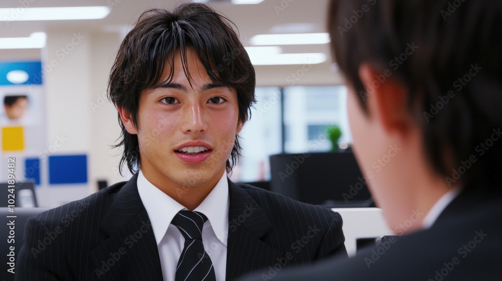 young man in business suit engages in conversation in office setting, showcasing professionalism and focus. His expression reflects confidence and attentiveness young man in business suit engages in conversation in office setting, showcasing professionalism and focus. His expression reflects confidence and attentiveness