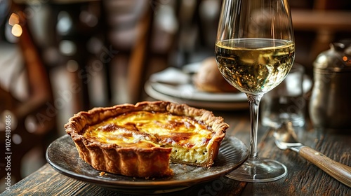 A Slice of Quiche with a Glass of White Wine