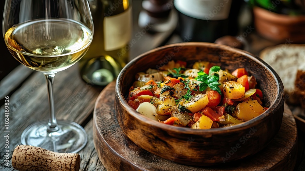Roasted Vegetables and White Wine in a Wooden Bowl