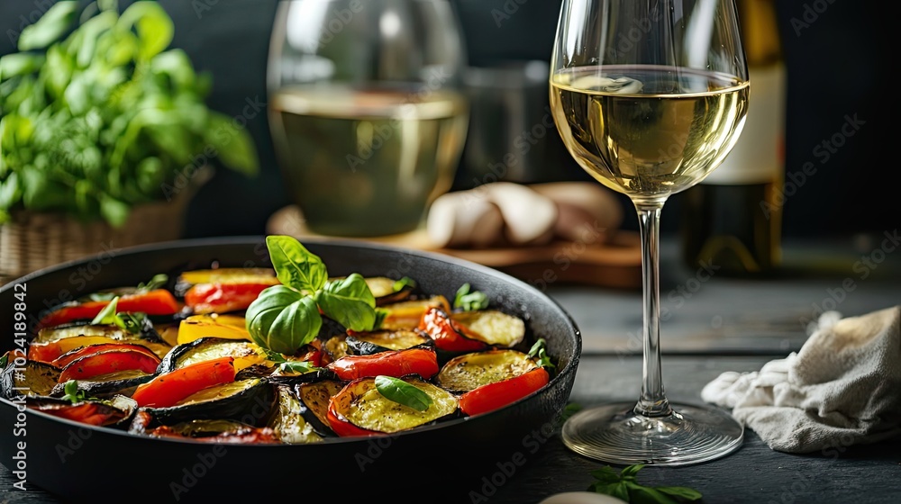 Grilled Vegetables with Basil and a Glass of White Wine Grilled Vegetables with Basil and a Glass of White Wine