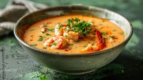 A rich creamy bowl of lobster bisque on green background