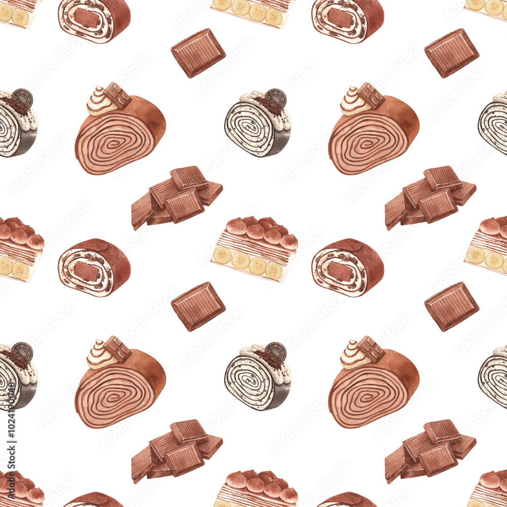 sweet layers crepe cake roll, hand-drawn watercolor painting pattern seamless design sweet layers crepe cake roll, hand-drawn watercolor painting pattern seamless design