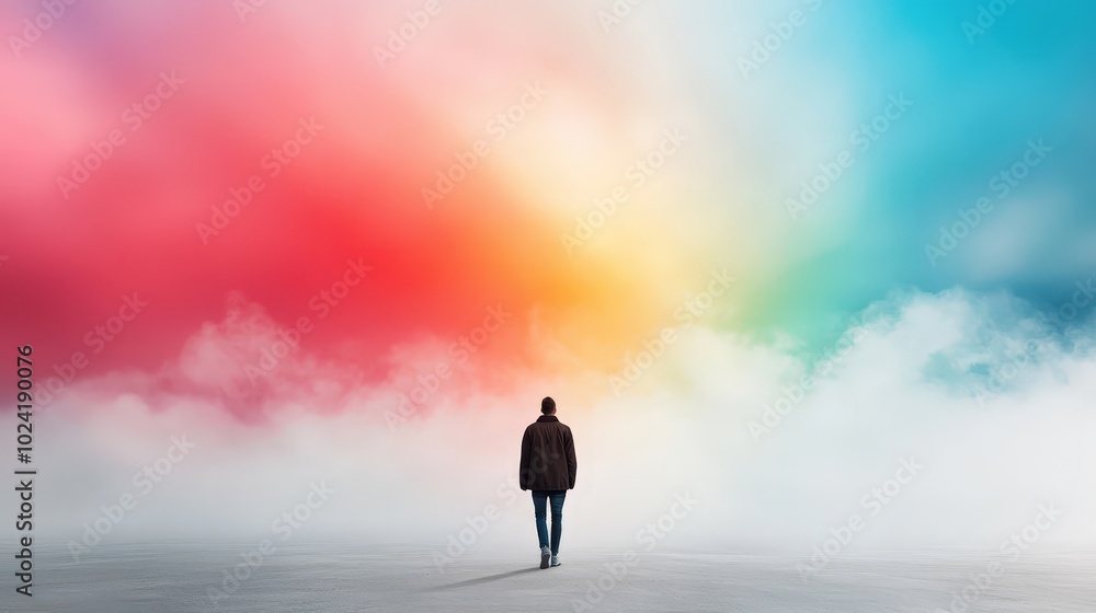 A person surrounded by a rainbow, symbolizing hope and abundance. A person surrounded by a rainbow, symbolizing hope and abundance.