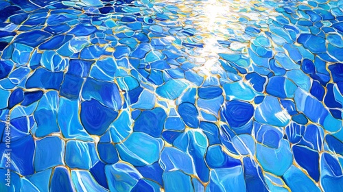 2410_129.shimmering cerulean water mosaic, sun-kissed liquid geometry, translucent aquatic labyrinth, hyper-detailed water refraction, oceanic zen ambiance, abstract underwater landscape, photo