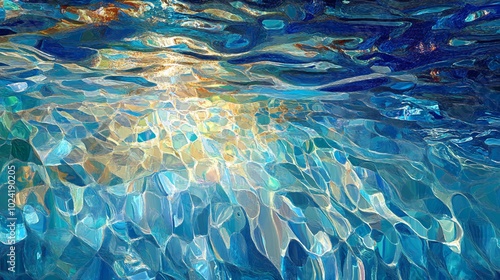 2410_129.shimmering cerulean water mosaic, sun-kissed liquid geometry, translucent aquatic labyrinth, hyper-detailed water refraction, oceanic zen ambiance, abstract underwater landscape, photo