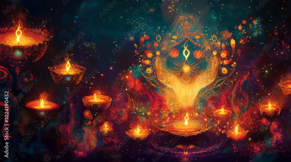 Abstract depiction of Diwali with surreal elements and vibrant representations of celebration. Abstract depiction of Diwali with surreal elements and vibrant representations of celebration.