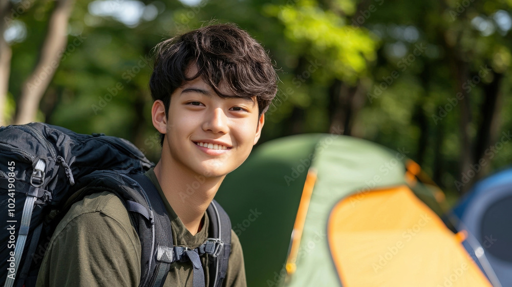 young man with backpack smiles warmly in camping setting, surrounded by tents and greenery, embodying spirit of adventure and outdoor exploration young man with backpack smiles warmly in camping setting, surrounded by tents and greenery, embodying spirit of adventure and outdoor exploration