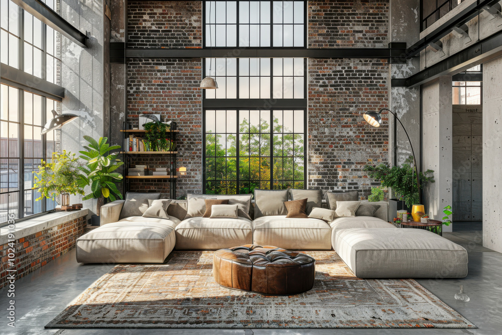 Living room interior in loft, industrial style Living room interior in loft, industrial style