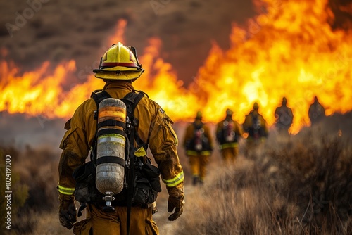 Firefighter leading a team during a wildfire response, coordinating efforts to contain the flames and protect homes, Generative AI  photo