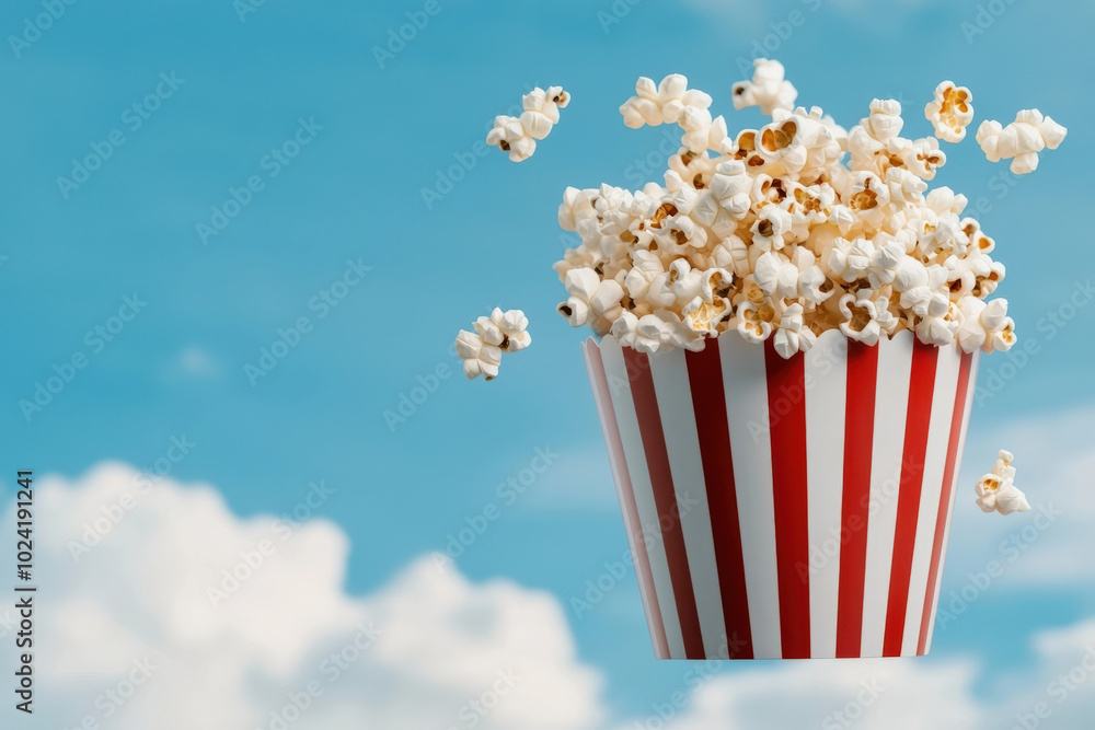 Delicious popcorn overflowing from classic red and white striped bucket against bright blue sky, evoking sense of fun and enjoyment Delicious popcorn overflowing from classic red and white striped bucket against bright blue sky, evoking sense of fun and enjoyment