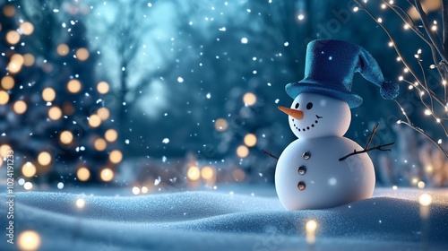 A snowy garden scene with a snowman, decorated trees, and twinkling holiday lights, creating a magical atmosphere