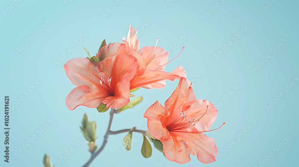 A delicate coral azalea flower isolated on a sky blue background. A delicate coral azalea flower isolated on a sky blue background.