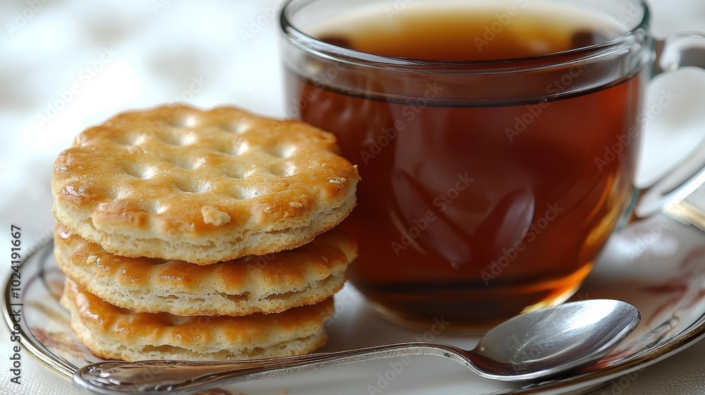 stack of golden crackers alongside a glass cup of hot tea, creating a simple yet delightful snack moment perfect for relaxation. stack of golden crackers alongside a glass cup of hot tea, creating a simple yet delightful snack moment perfect for relaxation.