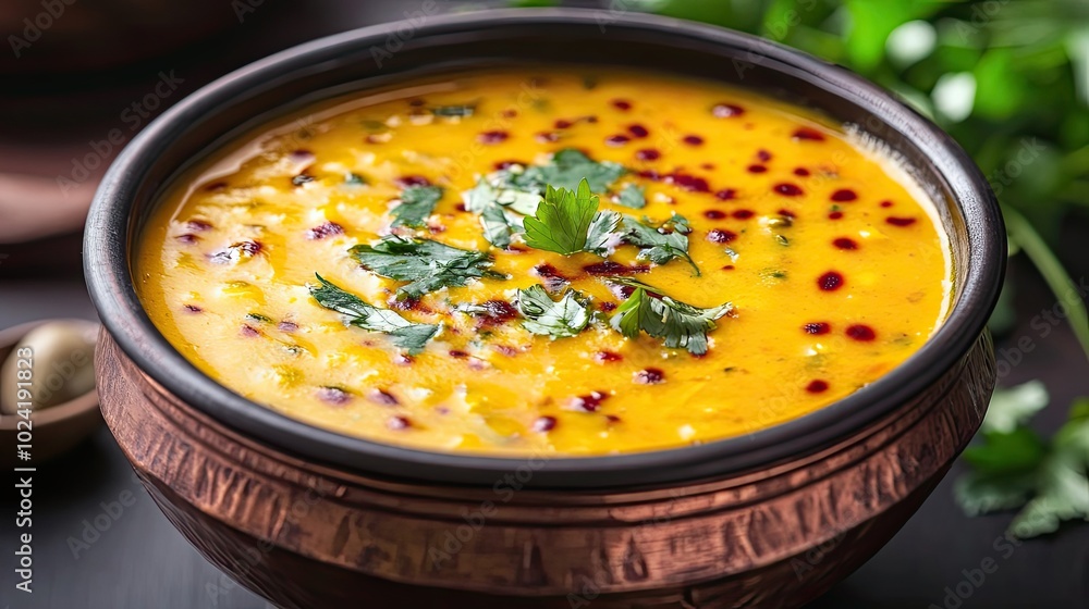 Close-up of Creamy Yellow Soup with Red Dots and Green Herbs in a Copper Bowl Close-up of Creamy Yellow Soup with Red Dots and Green Herbs in a Copper Bowl