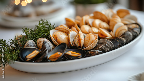 Freshly cooked mussels and clams served in white dish with garnish