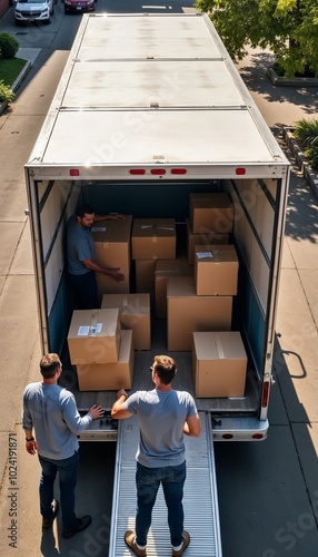 Aerial view of movers loading office furniture and boxes into a moving truck, teamwork in bright daylight photo