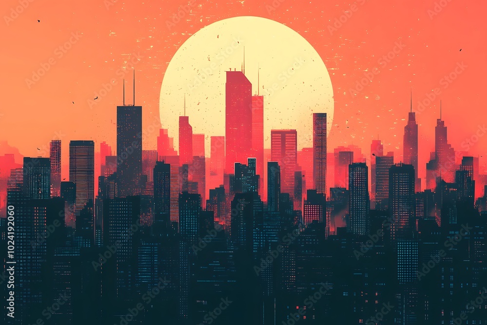 Silhouette of a Cityscape with a Large Round Moon in the Sky Silhouette of a Cityscape with a Large Round Moon in the Sky