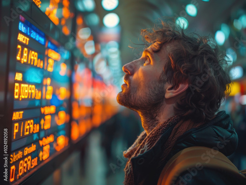 Confused traveler looking at flight information board in a crowded airport terminal, natural lighting