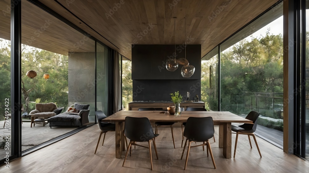 AI-Generated image of a small modern house. Minimalist, constructed exclusively with concrete and wood. In the middle of nature AI-Generated image of a small modern house. Minimalist, constructed exclusively with concrete and wood. In the middle of nature