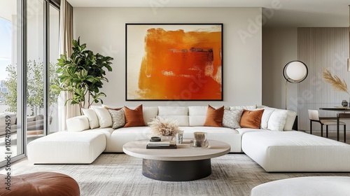modern living room, large white sectional sofa, abstract orange artwork on wall, round coffee table, neutral color palette, cozy cushions, floor lamp with round shade, potted plants, natural light, mi