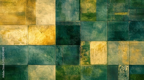 2410_148.overhead view of cultivated land, abstract geometric field divisions, varied farming textures, green and golden patchwork, minimalist agricultural representation photo