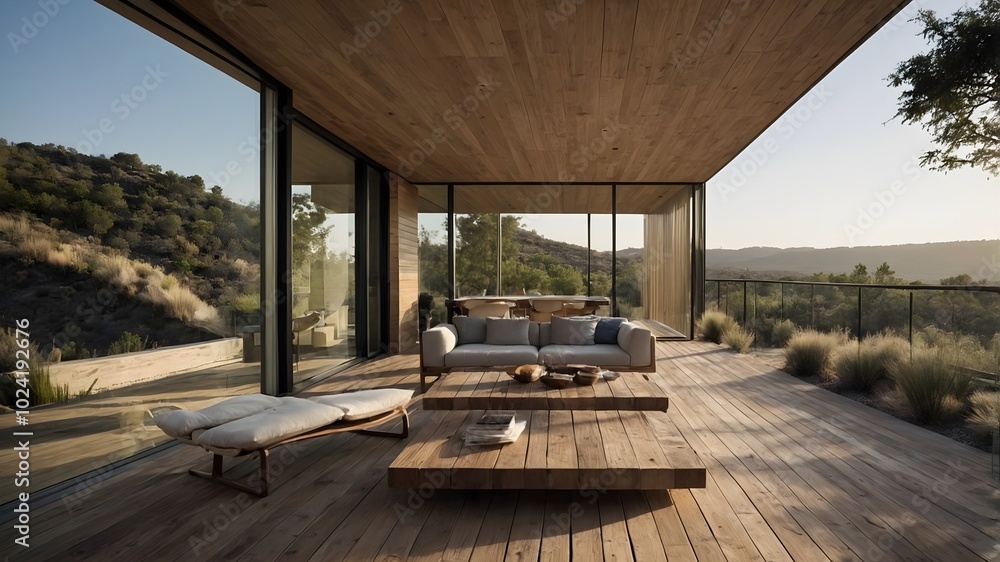 AI-Generated image of a small modern house. Minimalist, constructed exclusively with concrete and wood. In the middle of nature AI-Generated image of a small modern house. Minimalist, constructed exclusively with concrete and wood. In the middle of nature