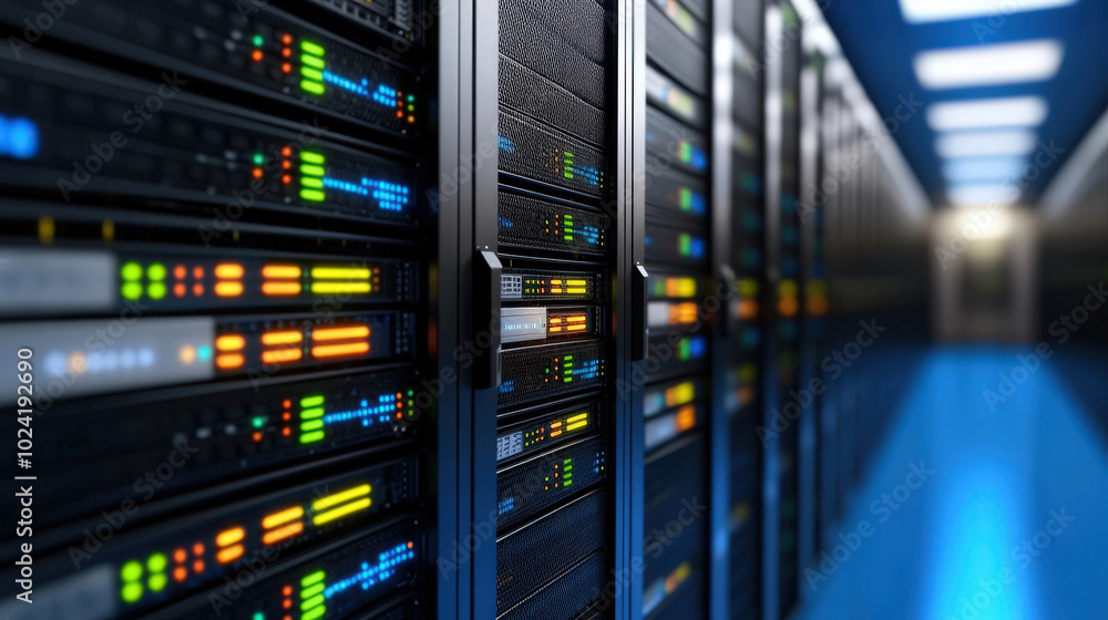 Data center servers with illuminated indicators create vibrant technological environment. organized rows of equipment highlight importance of efficient data management and storage solutions Data center servers with illuminated indicators create vibrant technological environment. organized rows of equipment highlight importance of efficient data management and storage solutions