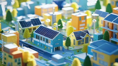 A community using a microgrid electricity solution during a power outage, with solar panels and battery storage keeping essential services like hospitals and schools running