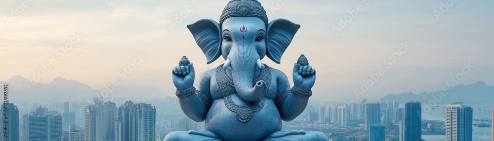 Giant Ganesha Statue in Futuristic Cityscape Giant Ganesha Statue in Futuristic Cityscape