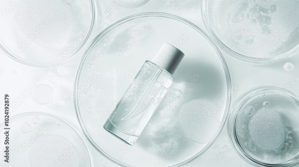 White background, glass petri dishes and circular plates with a skin care essence bottle in the middle