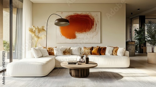 modern living room, large white sectional sofa, abstract orange artwork on wall, round coffee table, neutral color palette, cozy cushions, floor lamp with round shade, potted plants, natural light, mi